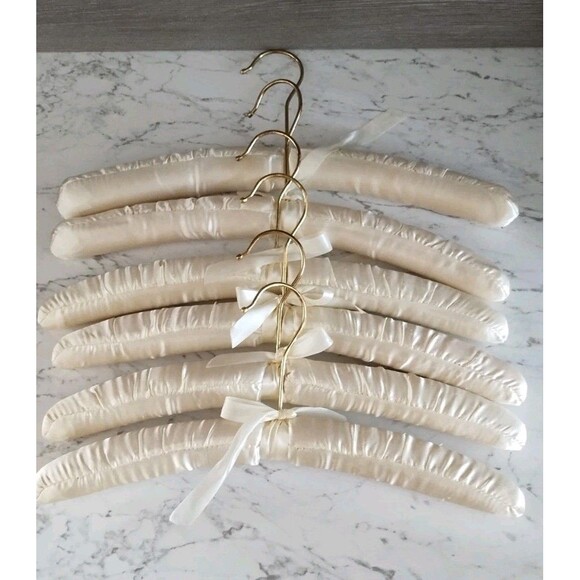 Set of 6 Ivory Satin Padded Clothes Hangers Lingerie Gold Chrome Hangers 15.5" - Picture 2 of 4